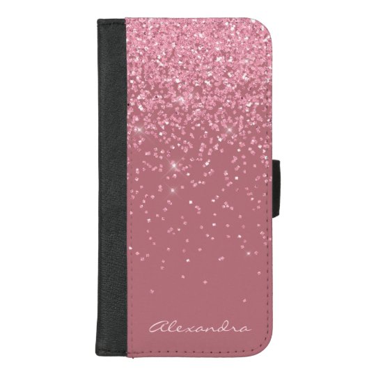 Monogram Pink , Rose Gold and Glitter Background iPhone Wallet Case